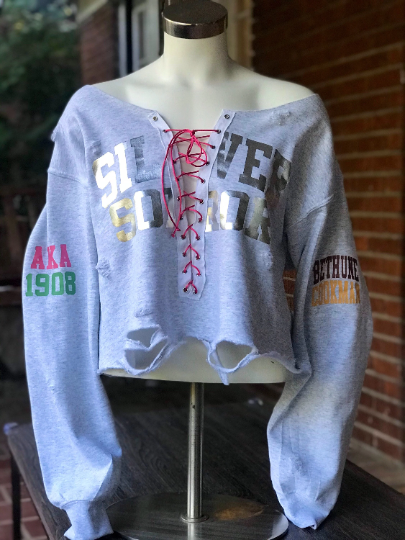Custom Handmade SILVER SOROR Double Sleeve Design Lace-Up Off-Shoulder Sweatshirt