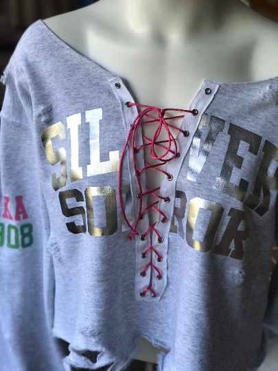 Custom Handmade SILVER SOROR Double Sleeve Design Lace-Up Off-Shoulder Sweatshirt