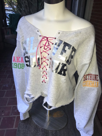 Custom Handmade SILVER SOROR Double Sleeve Design Lace-Up Off-Shoulder Sweatshirt