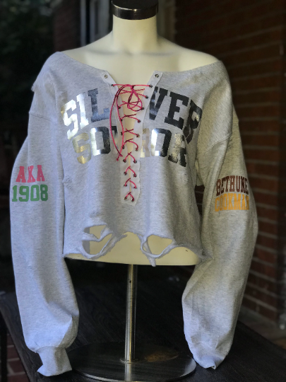 Custom Handmade SILVER SOROR Double Sleeve Design Lace-Up Off-Shoulder Sweatshirt