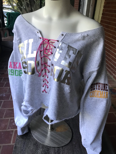 Custom Handmade SILVER SOROR Double Sleeve Design Lace-Up Off-Shoulder Sweatshirt