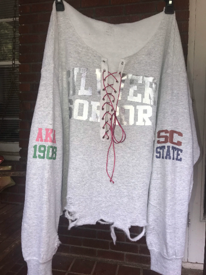 Custom Handmade SILVER SOROR Double Sleeve Design Lace-Up Off-Shoulder Sweatshirt