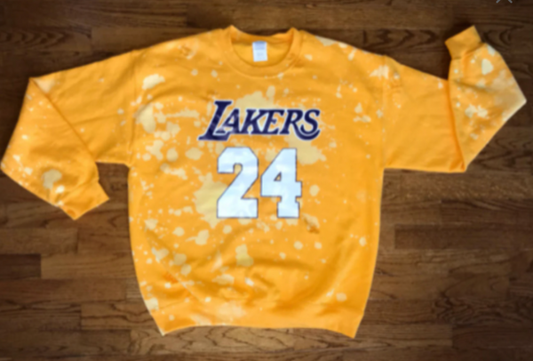 Handmade Los Angeles Lakers 24 Yellow Purple White Lace Up Distressed  Sweatshirt