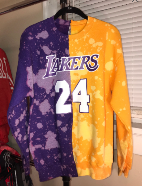 Handmade Los Angeles Lakers 24 Bleached Half and Half Purple Yellow Hooded  Sweatshirt with Pockets