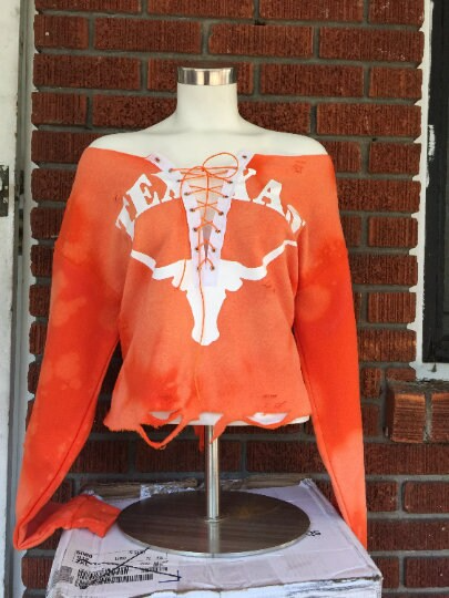 Handmade Texas Longhorns Lace Up Light Distress Crop Sweatshirt