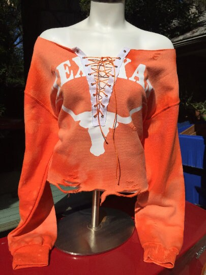Handmade Texas Longhorns Lace Up Light Distress Crop Sweatshirt