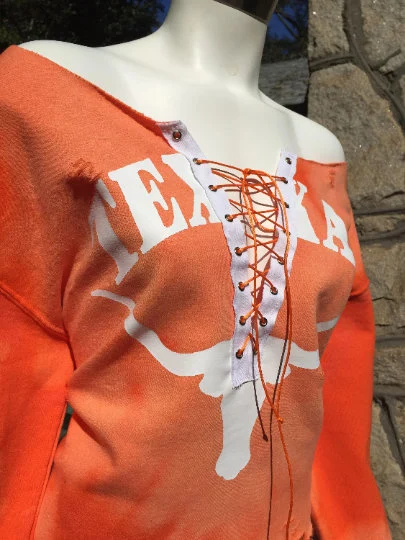Handmade Texas Longhorns Lace Up Light Distress Crop Sweatshirt