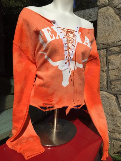 Handmade Texas Longhorns Lace Up Light Distress Crop Sweatshirt