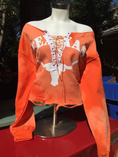Handmade Texas Longhorns Lace Up Light Distress Crop Sweatshirt