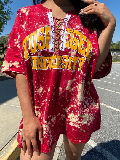 Handmade Tuskegee University Crimson Gold White Hand Bleached Distressed U-Neck Lace-Up T-Shirt