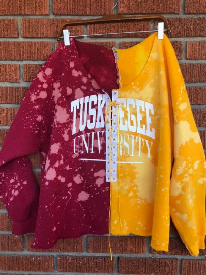 Handmade Tuskegee Crimson Gold Hand Bleached Lace Up Half and Half Sweatshirt