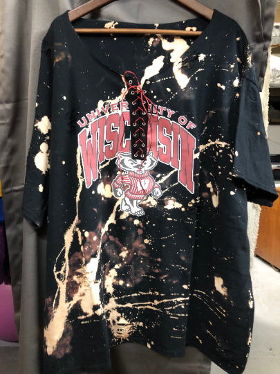 Handmade University of Wisconsin Bucky Badgers Distressed Off Shoulder Lace Up T-Shirt