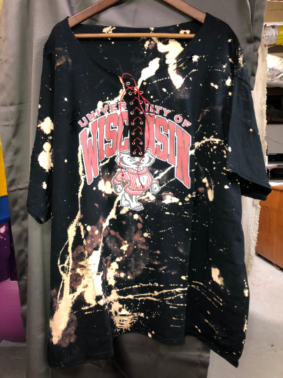 Handmade University of Wisconsin Bucky Badgers Distressed Off Shoulder Lace Up T-Shirt