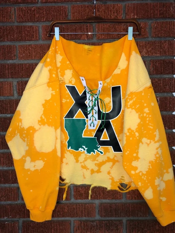 Handmade Xavier “XULA” Distressed Lace-Up Off-Shoulder Cropped Sweatshirt