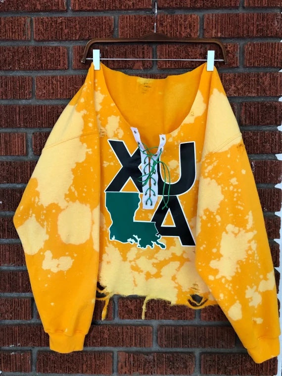 Handmade Xavier “XULA” Distressed Lace-Up Off-Shoulder Cropped Sweatshirt
