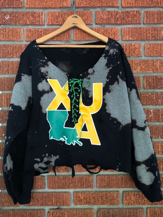 Handmade Xavier “XULA” Distressed Lace-Up Off-Shoulder Cropped Sweatshirt