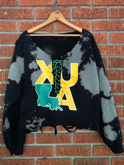 Handmade XULA Gold Hand Bleached Distressed Lace-Up Off-Shoulder Cropped Sweatshirt