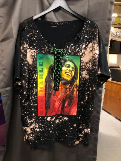 Handmade Bob Marley Distressed Lace-Up T-Shirt