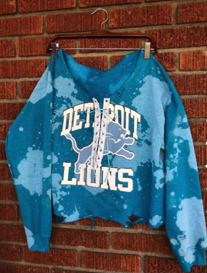 Handmade Detroit Lions Lace Up Off Shoulder Sweatshirt Cropped or Full Length