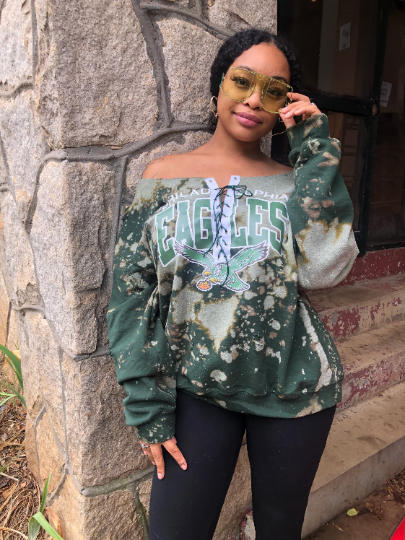 Handmade Philadelphia Eagles Vintage Bird Distressed Lace Up Off Shoulder Sweatshirt