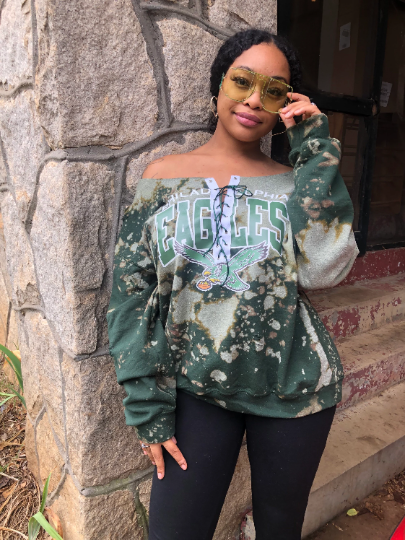 Cami Co. Lace Designs Handmade Philadelphia Eagles Vintage Bird Green Bleached Distressed Lace Up Off Shoulder Sweatshirt 2x / Longer Crop