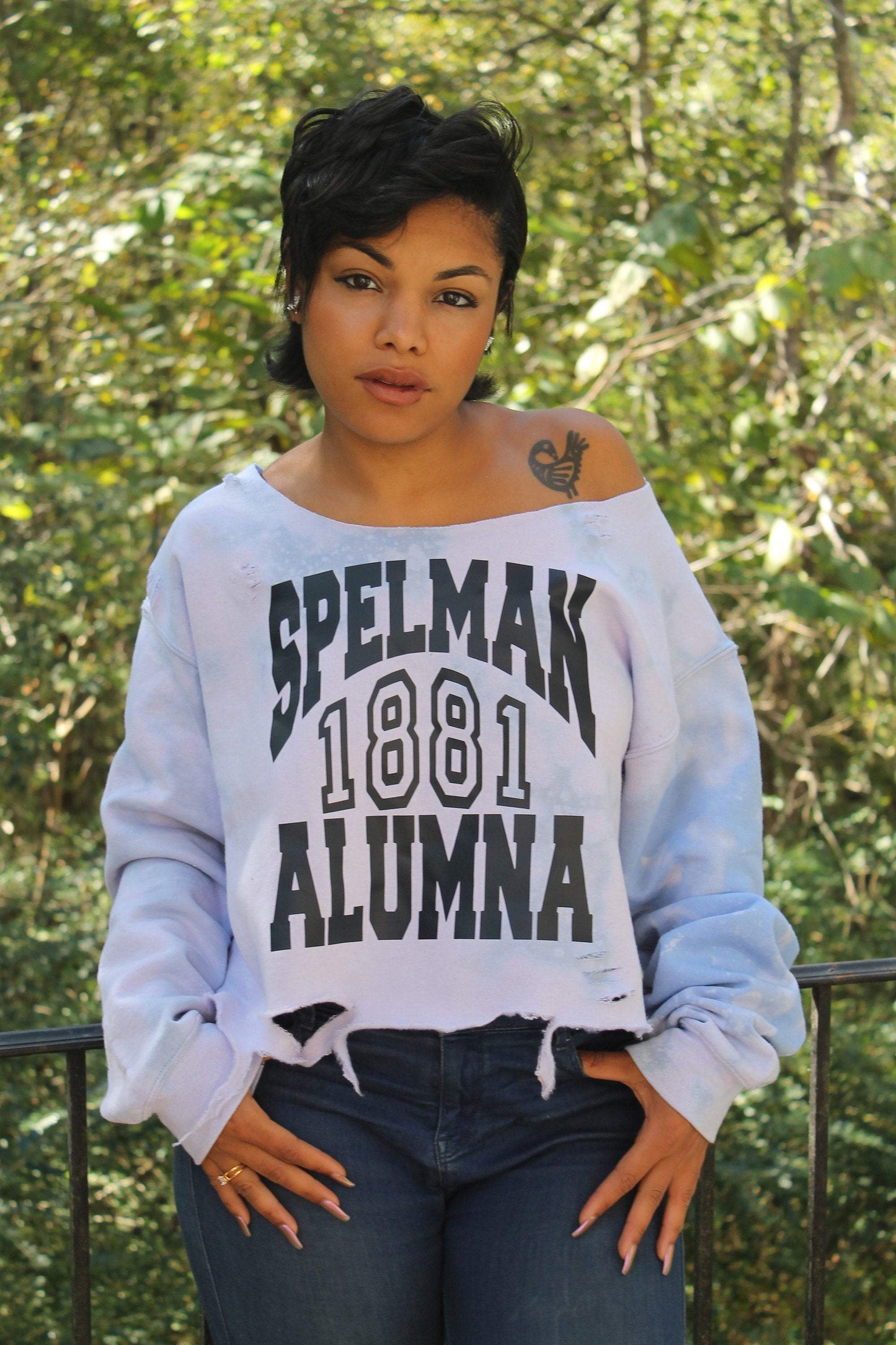 Handmade Spelman 1881 Alumna Off-Shoulder Light Distress Fleece Sweatshirt
