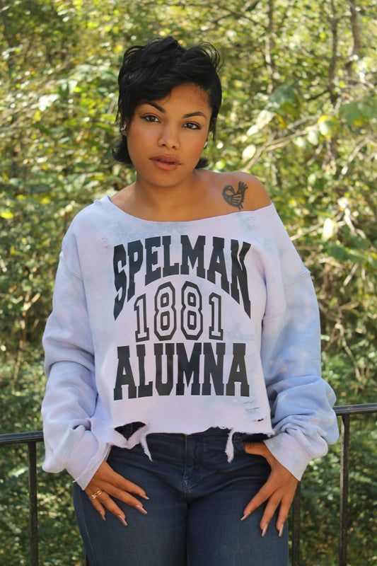 Handmade Spelman 1881 Alumna Off-Shoulder Light Distress Fleece Sweatshirt
