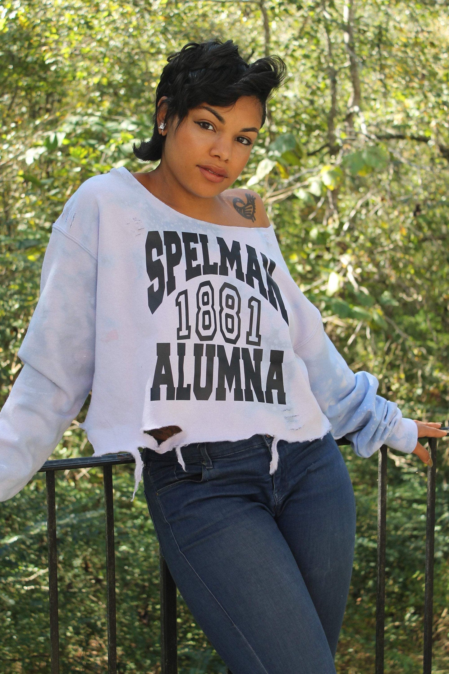 Handmade Spelman 1881 Alumna Off-Shoulder Light Distress Fleece Sweatshirt