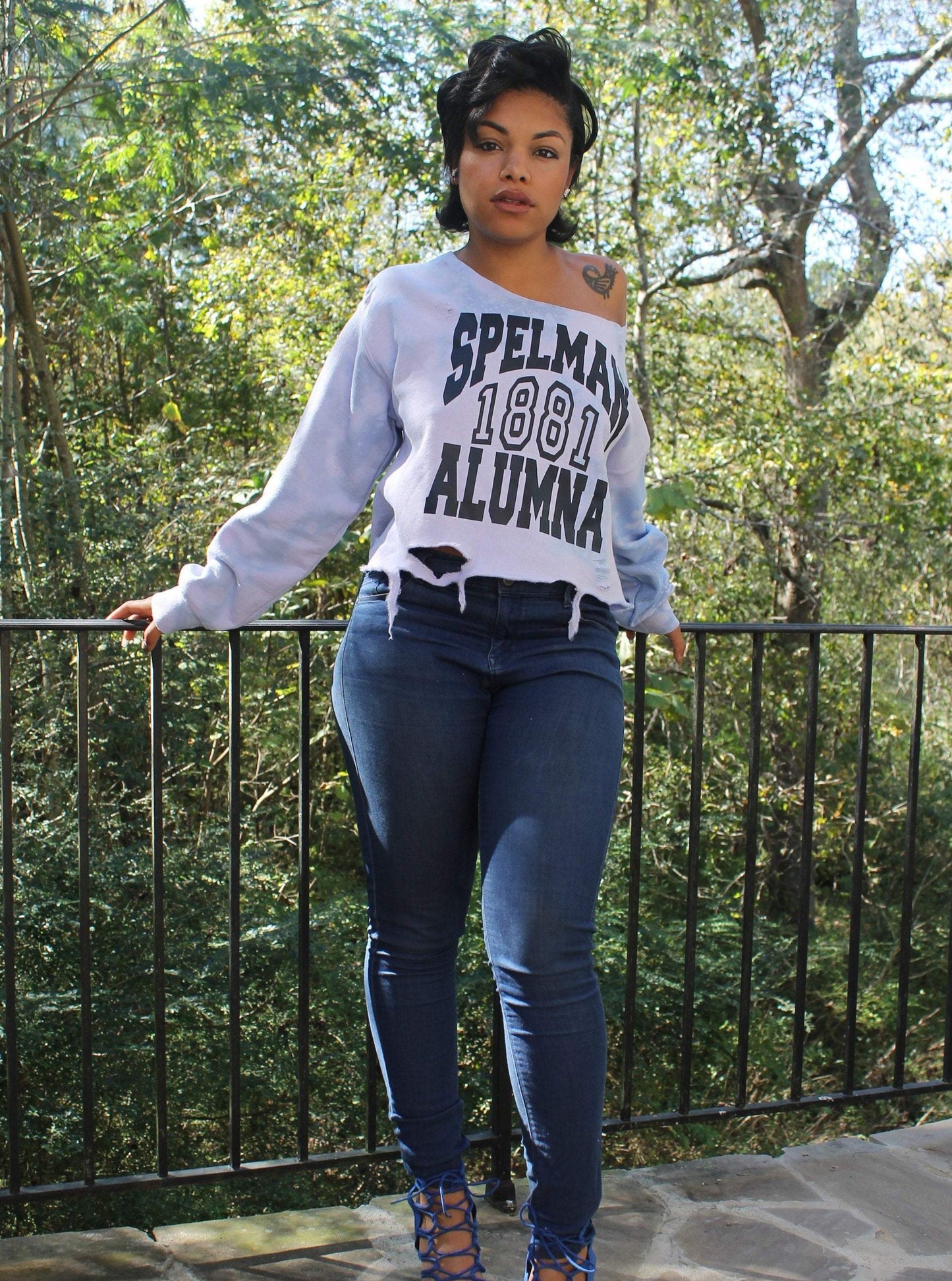 Handmade Spelman 1881 Alumna Off-Shoulder Light Distress Fleece Sweatshirt