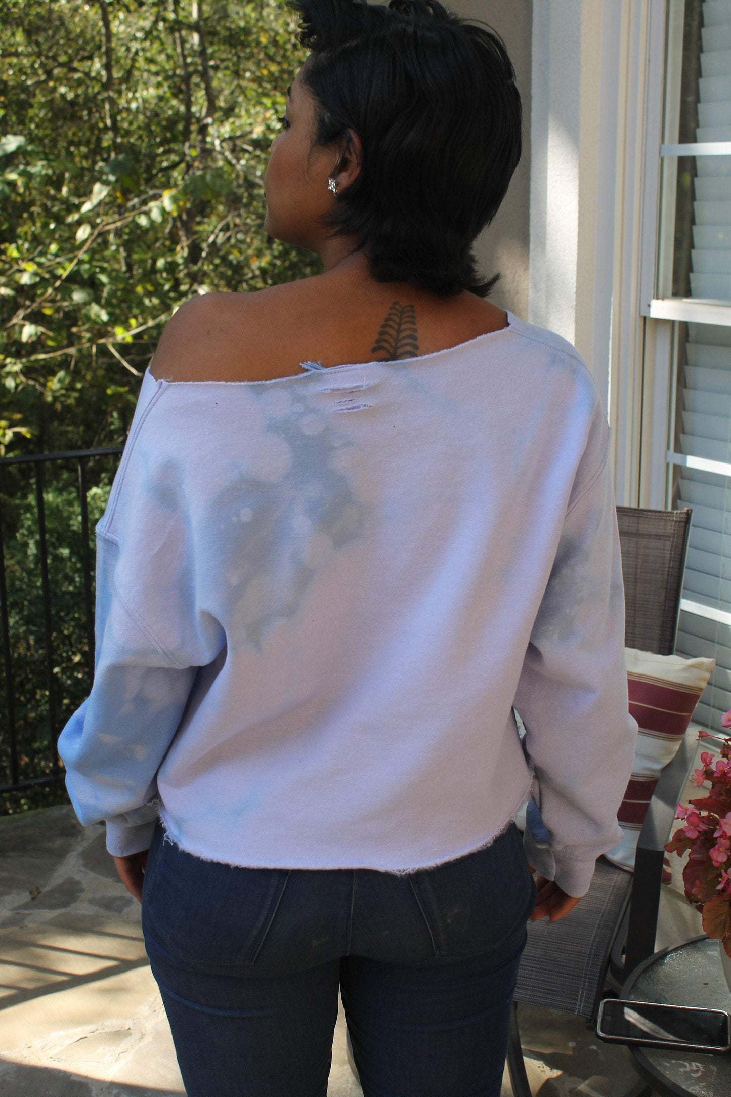 Handmade Spelman 1881 Alumna Powder Blue Lightened Off-Shoulder Light Distress Fleece Sweatshirt
