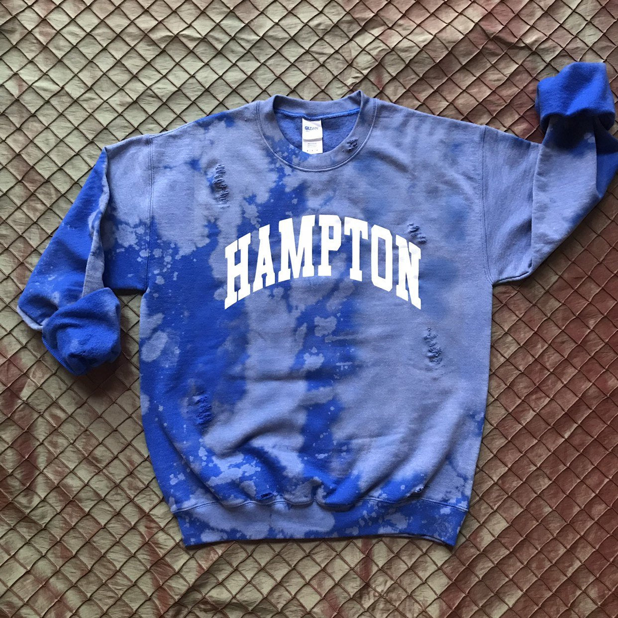 Hampton University Royal White Sweater Sweatshirt Hand Bleach HU Handmade Customizable Custom Distress 1868