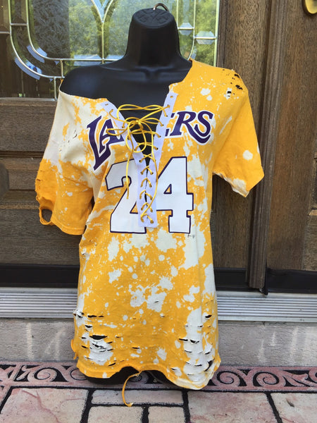 Cami Co. Lace Designs Handmade Los Angeles Lakers 24 Bleached Half and Half Purple Yellow Crew Sweatshirt S