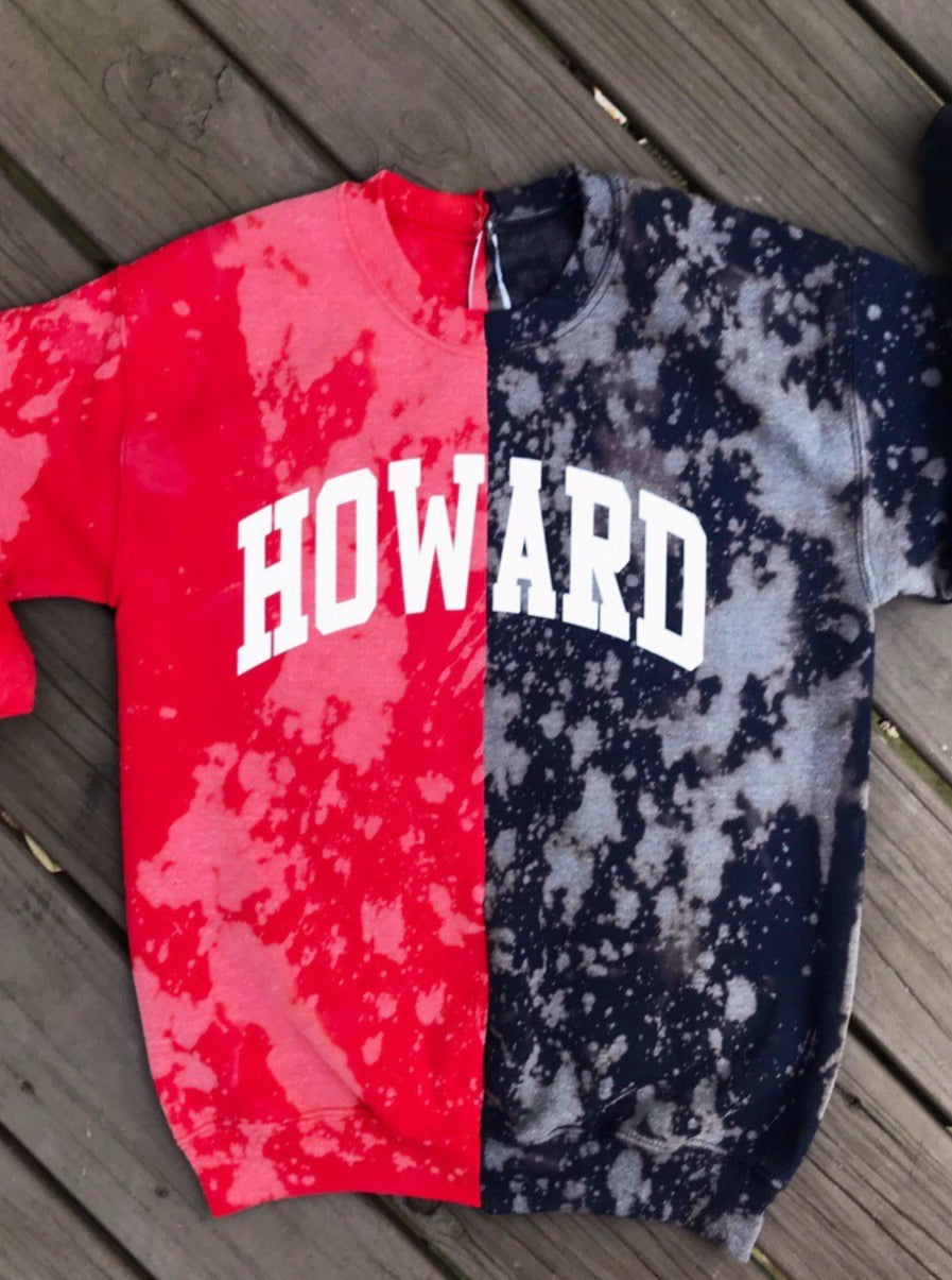 Handmade Howard University Red Navy Blue Hand Bleached Half and Half Crew Neck Unisex Sweatshirt