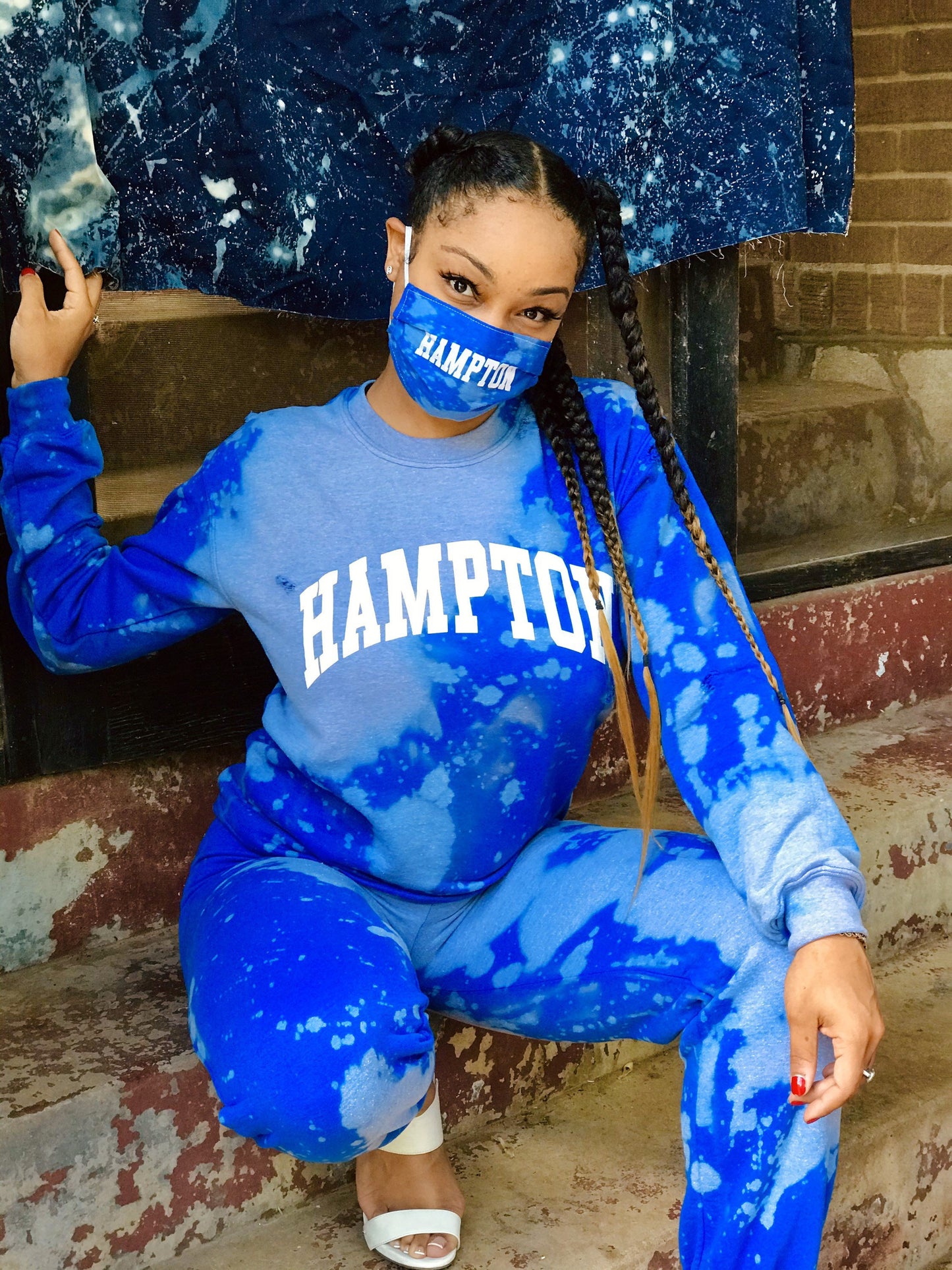 Hampton University Royal White Sweater Sweatshirt Hand Bleach HU Handmade Customizable Custom Distress Set 1868