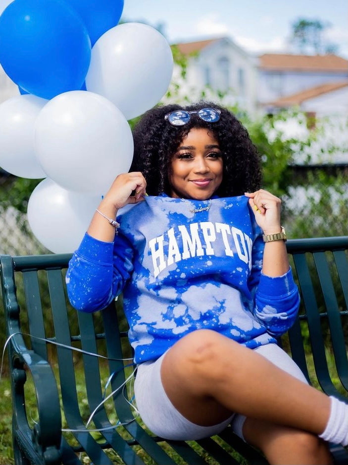 Hampton University Royal White Sweater Sweatshirt Hand Bleach HU Handmade Customizable Custom Distress 1868