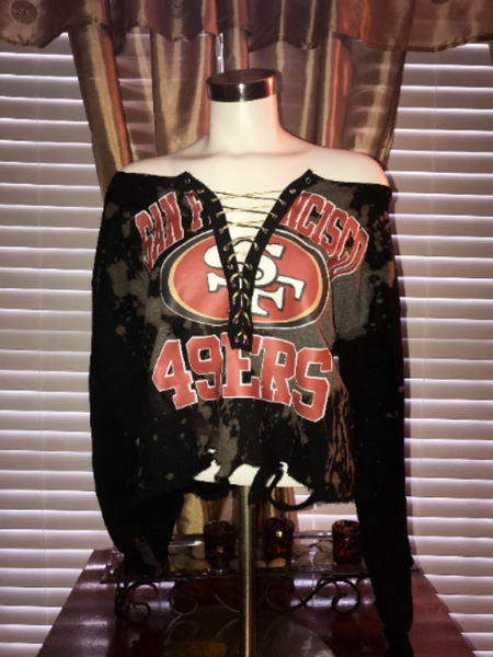 Cami Co. Lace Designs Handmade San Francisco 49ers Red or Black Hand Bleached Crew Neck Sweatshirt 2x / Black