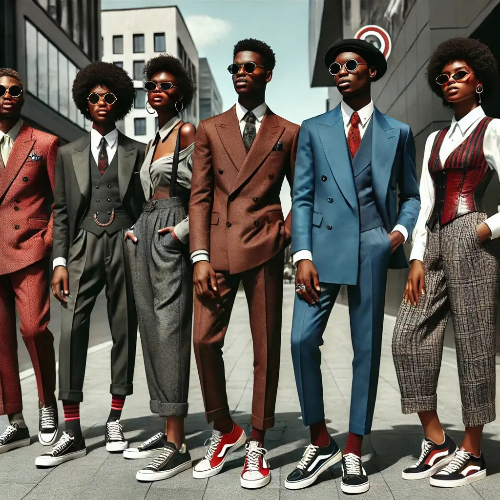 A group of stylish Black men and women serving modern dandyism in bold, tailored suits—double-breasted blazers, waistcoats, high-waisted trousers, and statement sunglasses—finished off with fresh kicks and major confidence, all set in an urban backdrop.