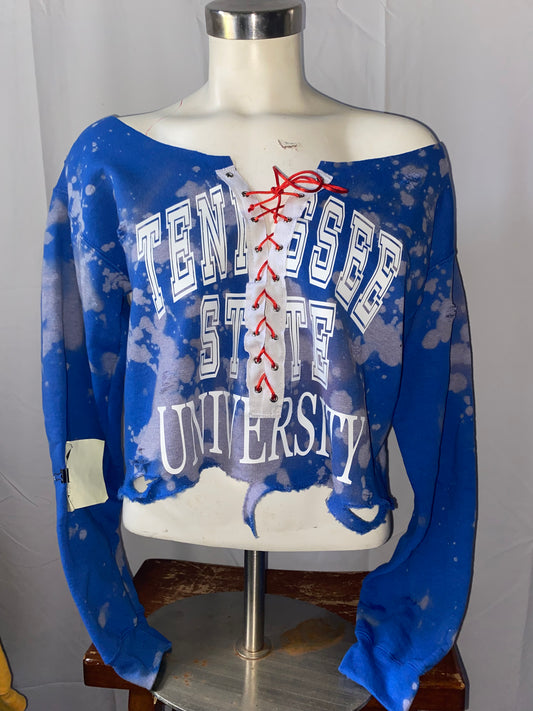 Handmade TSU Distressed Lace-Up Off-Shoulder Cropped Sweatshirt