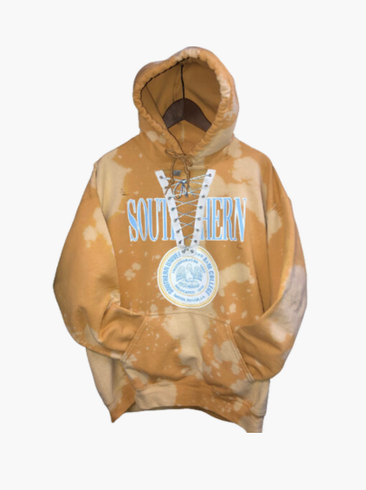 Handmade Southern University Old Gold Hand Bleached Lace Up Hoodie