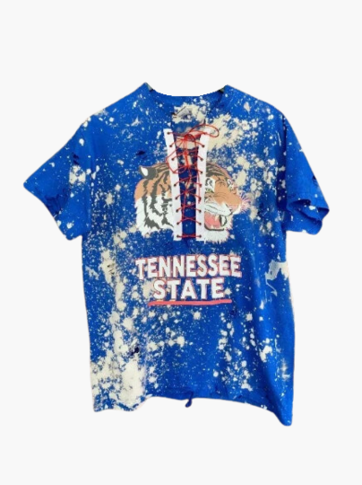 Handmade Tennessee State University Royal Blue Hand Bleached Distressed Red Satin U-Neck Lace-Up T-Shirt