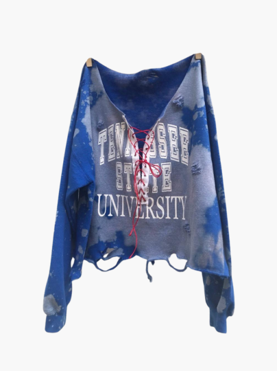 Handmade TSU Blue Hand Bleached Distressed Lace-Up Off-Shoulder Cropped Sweatshirt