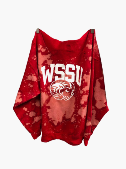 Handmade WSSU Ram Head Red Off-Shoulder Fleece Sweatshirt