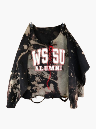 Handmade WSSU Alumni Black Red Hand Bleached Distressed Lace Up Sweatshirt