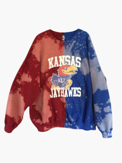 Handmade University of Kansas Jayhawks Crimson Royal Blue Bleached Half and Half Crew Neck Sweatshirt