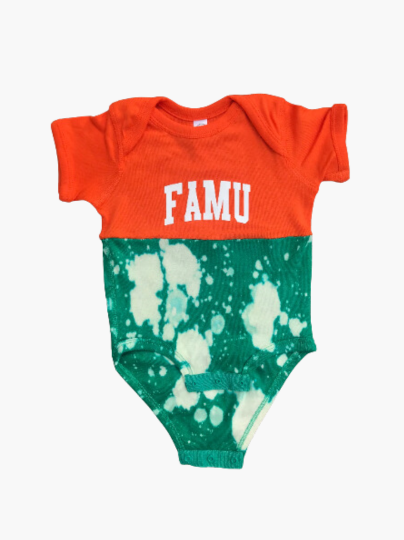 Handmade FAMU Baby Orange Kelly Green Half Bleached Color Block Rib Onesie Bodysuit