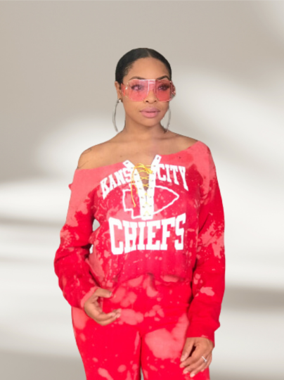 Handmade Kansas City Chiefs Red Gold Bleached Lace Up Sweatshirt