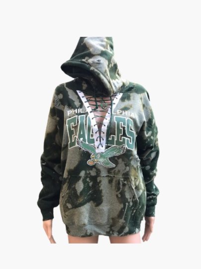 Handmade Philadelphia Eagles Vintage Bird Green Bleached Distressed Lace Up Hoodie