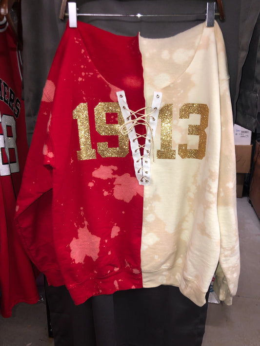Handmade DST 1913 Gold Glitter Lace Up Hand Bleached Full Length Half and Half Sweatshirt