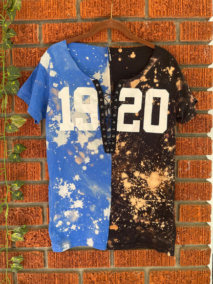 Handmade 1920 Zeta Phi Beta Blue Black Half and Half Lace Up Hand Bleached T-Shirt