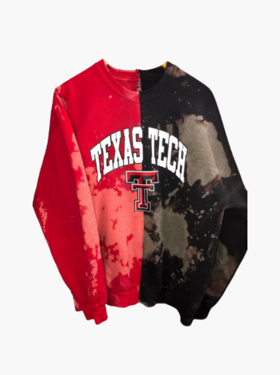 Handmade Texas Tech Red Black Half and Half Hand Bleached Crewneck Sweatshirt